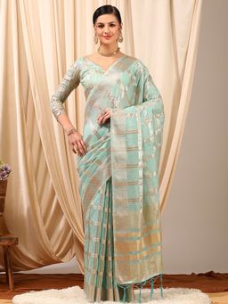 Akhilam - Women's Linen Turquoise Woven Designer Saree with Unstitched Blouse