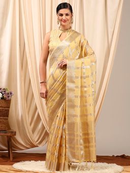 Akhilam - Women's Linen Cream Woven Designer Saree with Unstitched Blouse