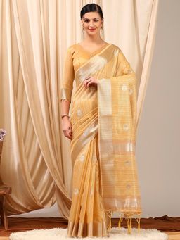 Akhilam - Women's Linen Cream Woven Designer Saree with Unstitched Blouse