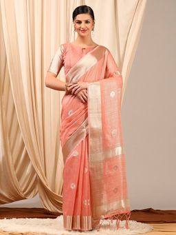 Akhilam - Women's Linen Peach Woven Designer Saree with Unstitched Blouse
