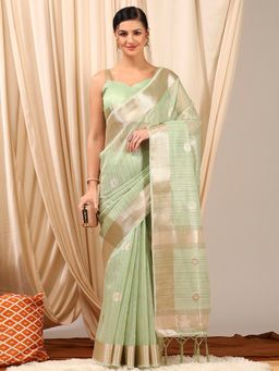 Akhilam - Women's Linen Light Green Woven Designer Saree with Unstitched Blouse