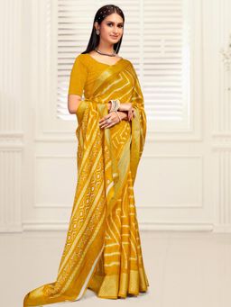Akhilam - Women's Georgette Mustard Printed Designer Saree with Unstitched Blouse