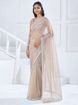 Sareemall - Women's Organza Beige Embellished Designer Saree with Unstitched Blouse
