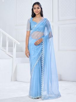 Sareemall - Women's Light Blue Organza Embellished Designer Saree with Unstitched Blouse