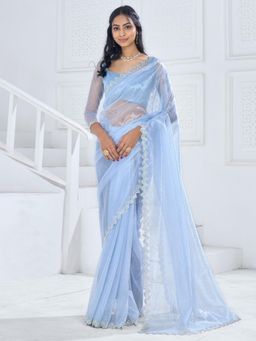 Sareemall - Women's Organza Sky Blue Embellished Designer Saree with Unstitched Blouse