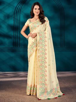 Akhilam - Women's Cotton Blend Cream Woven Designer Saree with Unstitched Blouse