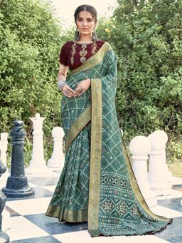 Sareemall - Women's Soft Silk Sea Green Printed Designer Saree with Unstitched Blouse
