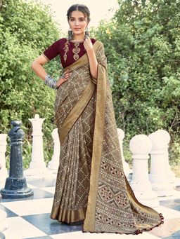 Sareemall - Women's Soft Silk Taupe Printed Designer Saree with Unstitched Blouse