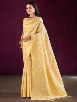 Akhilam - Women's Cotton Blend Cream Woven Designer Saree with Unstitched Blouse