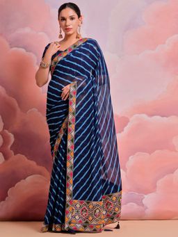 Akhilam - Women's Georgette Navy Blue Printed Designer Saree with Unstitched Blouse