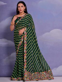 Akhilam - Women's Georgette Green Printed Designer Saree with Unstitched Blouse