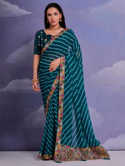 Akhilam - Women's Georgette Teal Printed Designer Saree with Unstitched Blouse