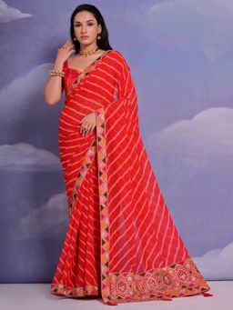 Akhilam - Women's Georgette Red Printed Designer Saree with Unstitched Blouse