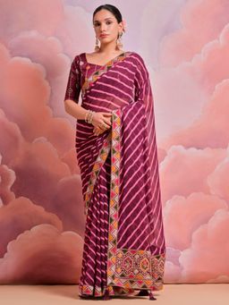 Akhilam - Women's Georgette Wine Printed Designer Saree with Unstitched Blouse