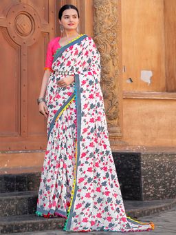Akhilam - Women's Cotton Pink Printed Designer Saree with Unstitched Blouse