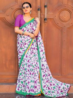 Akhilam - Women's Cotton Purple Printed Designer Saree with Unstitched Blouse