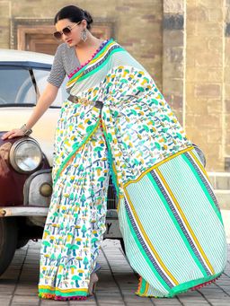 Akhilam - Women's Cotton Green Printed Designer Saree with Unstitched Blouse