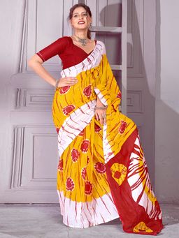 Sareemall - Women's Cotton Mustard Printed Designer Saree with Unstitched Blouse