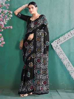 Sareemall - Women's Cotton Black Printed Designer Saree with Unstitched Blouse