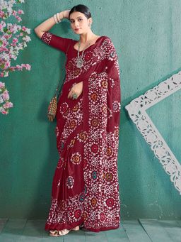 Sareemall - Women's Cotton Maroon Printed Designer Saree with Unstitched Blouse