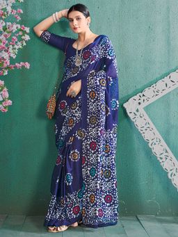 Sareemall - Women's Cotton Navy Blue Printed Designer Saree with Unstitched Blouse