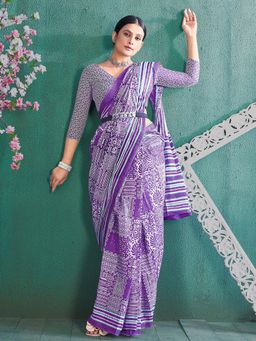 Akhilam - Women's Cotton Purple Printed Designer Saree with Unstitched Blouse