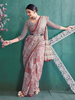 Akhilam - Women's Cotton Brown Printed Designer Saree with Unstitched Blouse