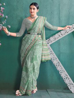 Akhilam - Women's Cotton Light Green Printed Designer Saree with Unstitched Blouse