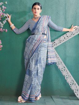 Akhilam - Women's Blue Cotton Printed Designer Saree with Unstitched Blouse