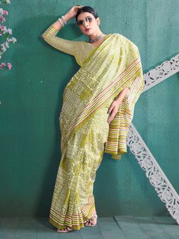 Akhilam - Women's Cotton Olive Printed Designer Saree with Unstitched Blouse