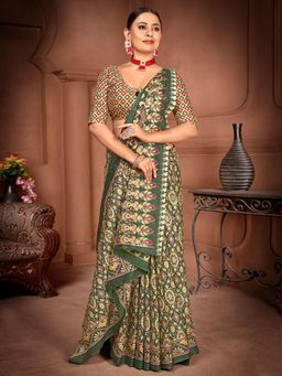 Akhilam - Women's Cotton Green Printed Designer Saree with Unstitched Blouse