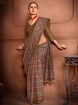 Akhilam - Women's Cotton Brown Printed Designer Saree with Unstitched Blouse