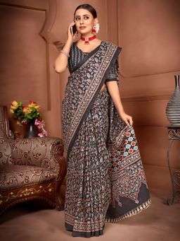 Akhilam - Women's Cotton Black Printed Designer Saree with Unstitched Blouse