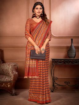 Akhilam - Women's Cotton Orange Printed Designer Saree with Unstitched Blouse