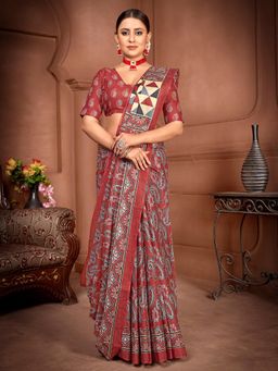 Akhilam - Women's Cotton Brown Printed Designer Saree with Unstitched Blouse