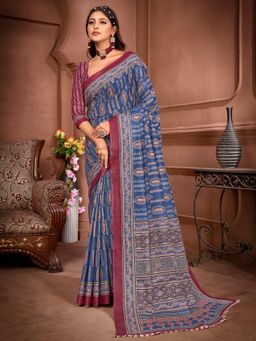 Akhilam - Women's Blue Cotton Printed Designer Saree with Unstitched Blouse