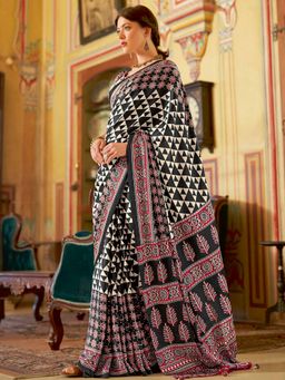 Sareemall - Women's Crepe Black Printed Designer Saree with Unstitched Blouse