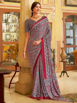Sareemall - Women's Crepe Grey Printed Designer Saree with Unstitched Blouse