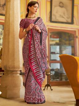 Sareemall - Women's Crepe Red Printed Designer Saree with Unstitched Blouse