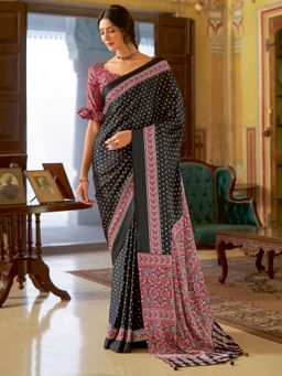 Sareemall - Women's Crepe Black Printed Designer Saree with Unstitched Blouse