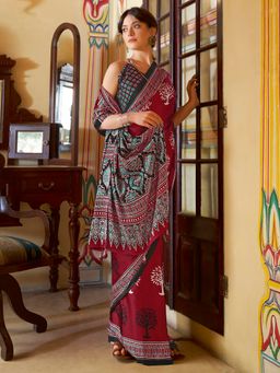 Sareemall - Women's Crepe Red Printed Designer Saree with Unstitched Blouse