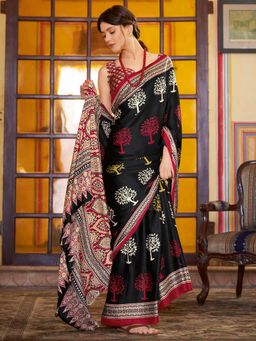 Sareemall - Women's Crepe Black Printed Designer Saree with Unstitched Blouse