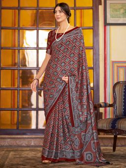 Sareemall - Women's Crepe Maroon Printed Designer Saree with Unstitched Blouse