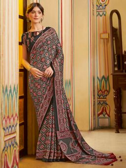 Sareemall - Women's Crepe Black Printed Designer Saree with Unstitched Blouse
