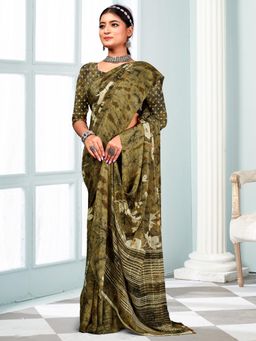 Akhilam - Women's Chiffon Olive Printed Designer Saree with Unstitched Blouse