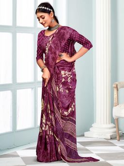 Akhilam - Women's Chiffon Wine Printed Designer Saree with Unstitched Blouse