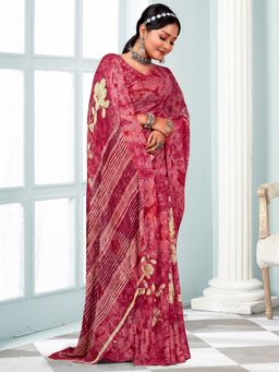 Akhilam - Women's Chiffon Pink Printed Designer Saree with Unstitched Blouse