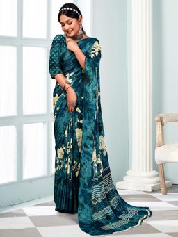 Akhilam - Women's Chiffon Teal Printed Designer Saree with Unstitched Blouse