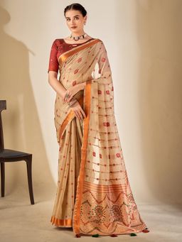 Akhilam - Women's Cotton Blend Beige Woven Designer Saree with Unstitched Blouse