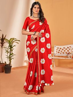 Sareemall - Women's Cotton Slub Red Printed Designer Saree with Unstitched Blouse